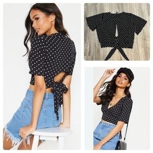 COMO BLACK polka dot short sleeve v neck crop blouse with tie up peek a boo back